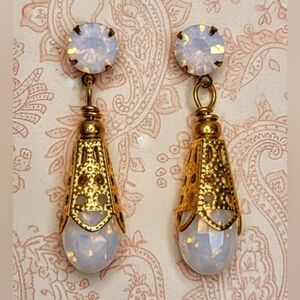 Rose Pink Opal In Victorian Filligree Gold Plated Drop Earrings
